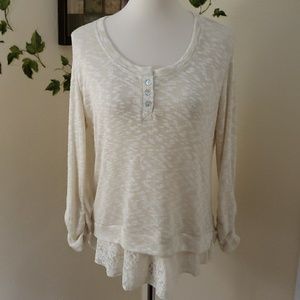 Cute long rouched sleeve sweater with lace trim